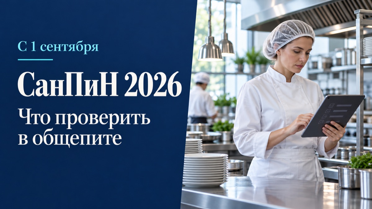 Руководитель кухни с планшетом; надпись «СанПиН 2026. Что проверить в общепите»
